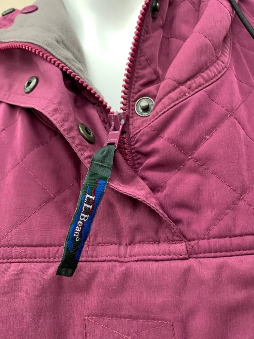 L.L. Bean 90's Insulated Pullover Anorak Hoodie Purple Plum Quilted Pattern Adju
